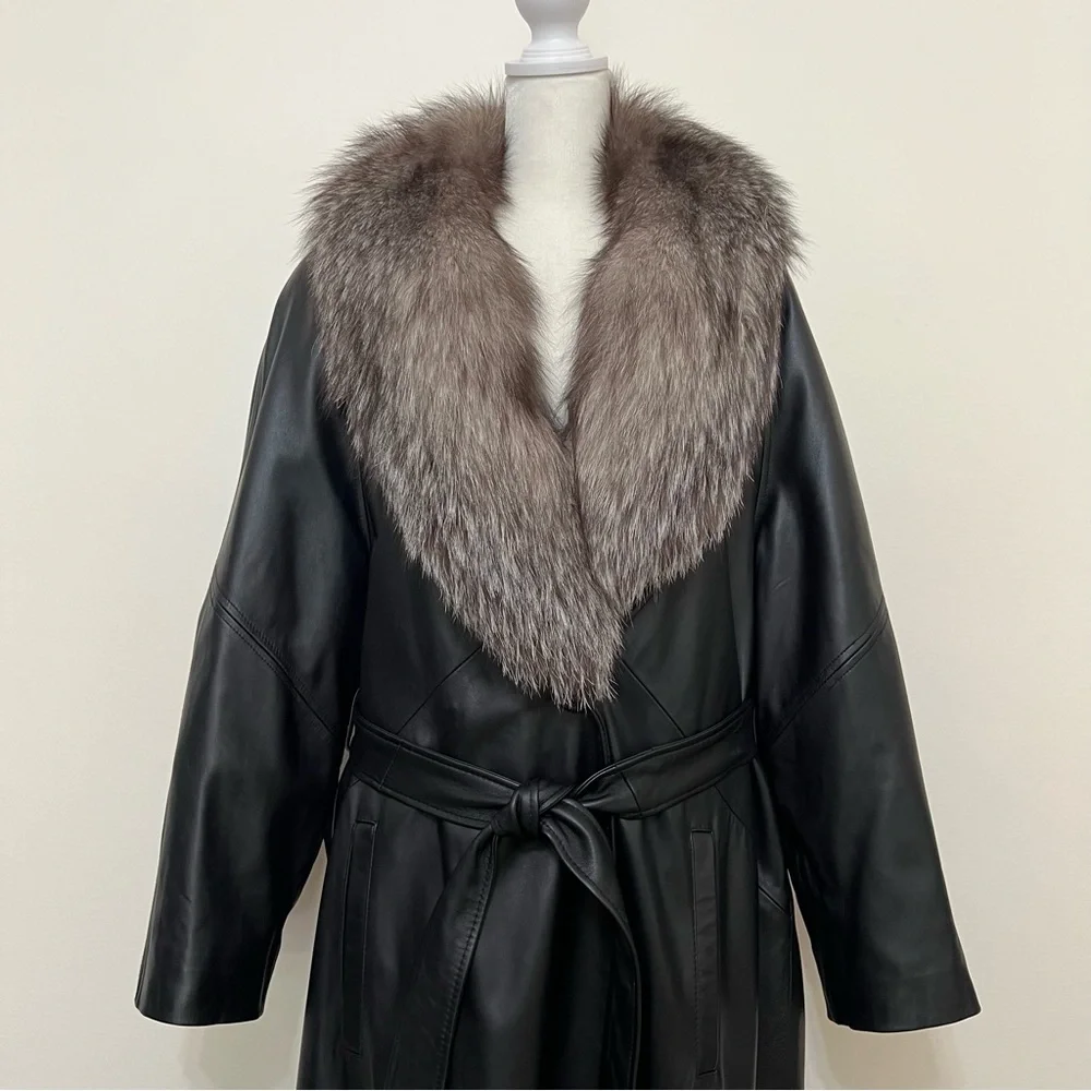 Long Leather Coat w/Sheepskin Collar - Picture 7 of 16